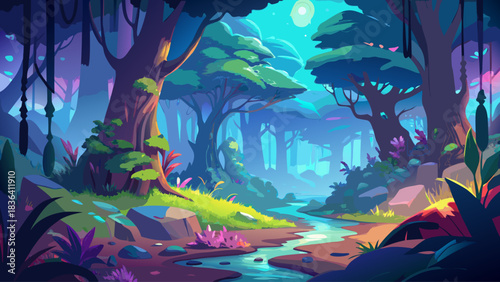 A magical surreal woodland scene featuring luminous foliage, deep mist, and vivid enchanted colors. Immersive digital art landscape capturing a mystical fantasy world with hypnotic nature and dreamy 
