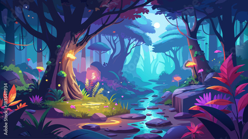 A magical surreal woodland scene featuring luminous foliage, deep mist, and vivid enchanted colors. Immersive digital art landscape capturing a mystical fantasy world with hypnotic nature and dreamy 