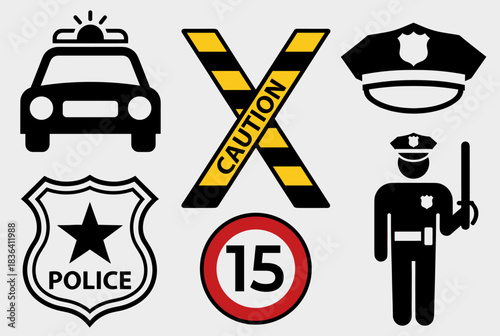 Collection of police and safety icons including a patrol car, caution tape, officer's hat, badge, speed limit sign, and a police officer silhouette.