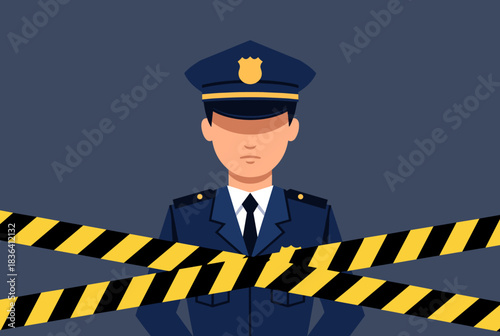 A police officer in uniform stands behind yellow and black caution tape, symbolizing law enforcement and crime scene security.