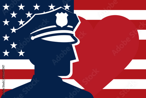 A silhouette of a police officer against an American flag background with a red heart.