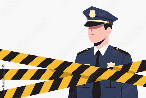 A police officer stands behind yellow and black caution tape, indicating a crime scene or restricted area.
