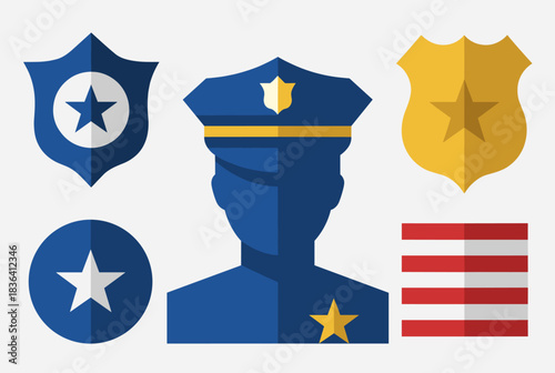 Flat design vector illustration featuring a police officer silhouette, various law enforcement badges, and a striped emblem.