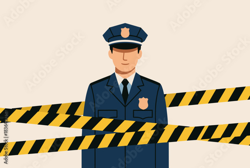 A police officer in uniform standing behind yellow and black caution tape, indicating a crime scene or restricted area.