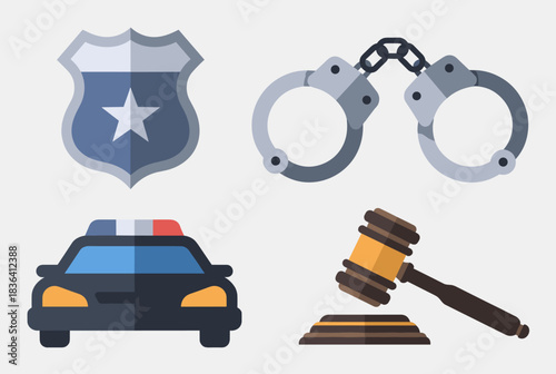 Flat design icons representing law enforcement, justice, and legal system elements including a police badge, handcuffs, police car, and judge's gavel.