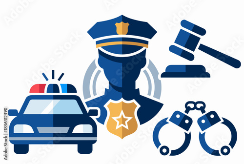 Set of flat design icons representing law enforcement, police, justice, and crime prevention elements.