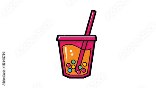 Vibrant Bubble Tea Drink with Colorful Tapioca Pearls and Straw.