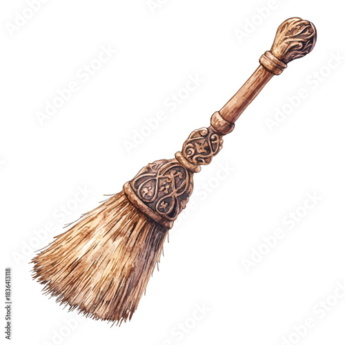 Ornate Hand-Carved Wooden Witch Broom Besom Vector Illustration