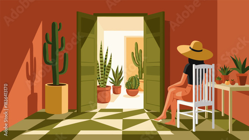 Woman relaxing in sunlit courtyard with cacti and plants, enjoying a tranquil moment indoors