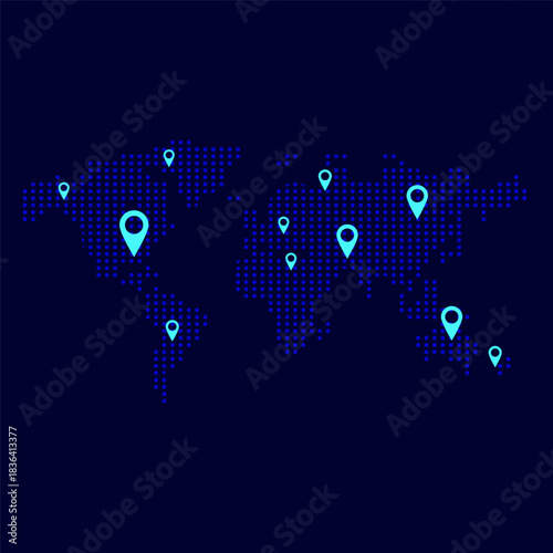 World map with square dot. Аbstract dotted squares world map on dark blue background. Pixels silhouette worldmap. Simple flat wallpaper. Planet with continents for design print. Vector illustration