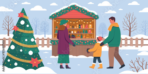 Christmas Market Vector Illustration, Shopping People, Festival Xmas Tree on City Square