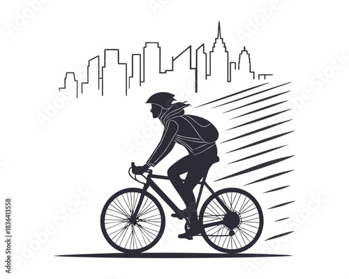 A stylized silhouette of a person on a bicycle rides past a city skyline with dynamic lines suggesting movement and speed.