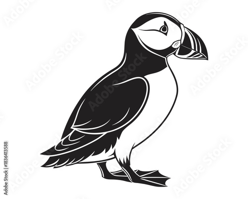 A simple, hand-drawn sketch of a puffin standing on its feet with its distinctive colorful beak. The image is in black and white
