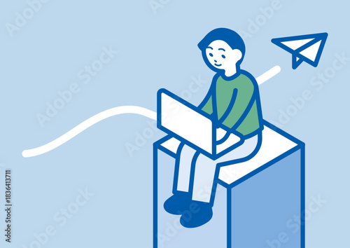 お問い合わせに対応するリモートのビジネスマンと紙飛行機