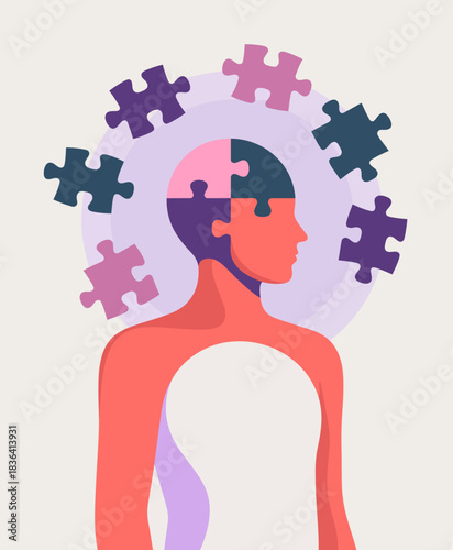 An artistic representation of a human silhouette with puzzle pieces, symbolizing the complexity of the mind and emotions, exploring themes of self-discovery and mental health.