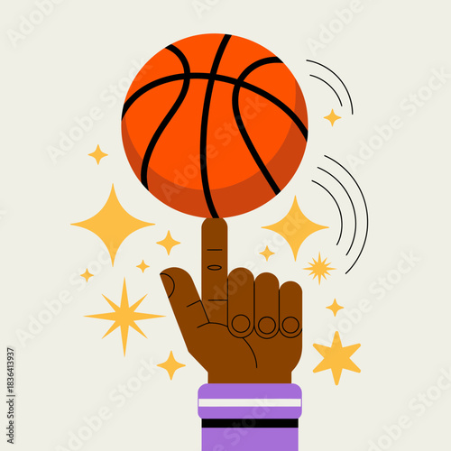 A dynamic image of a hand balancing a basketball with skill, radiating energy and excitement, symbolizing sportsmanship and focus in athletic endeavors.