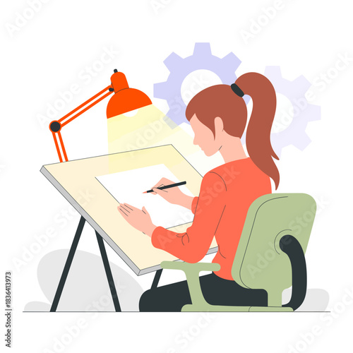 A dedicated artist deeply engaged in the creative process, sketching ideas at her workspace, illuminated by a desk lamp, embodying creativity and innovation.