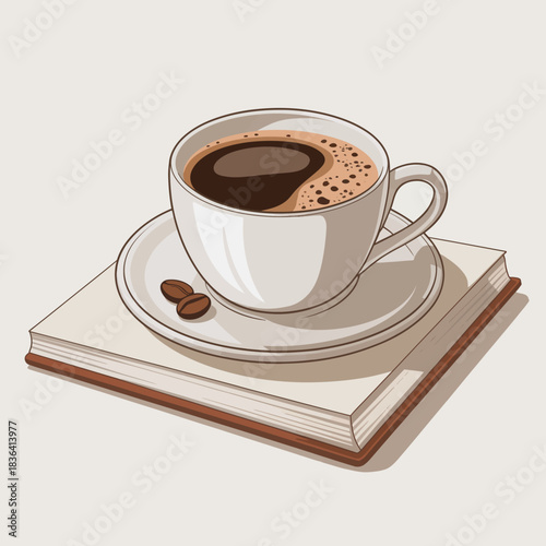 A cozy illustration featuring a steaming cup of coffee atop an open book, representing comfort, relaxation, and the joy of reading with rich browns and white tones.