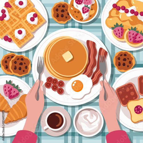 A vibrant breakfast table showcases a delightful spread of pancakes, croissants, fruits, and coffee, embodying the joy of sharing a meal with loved ones.