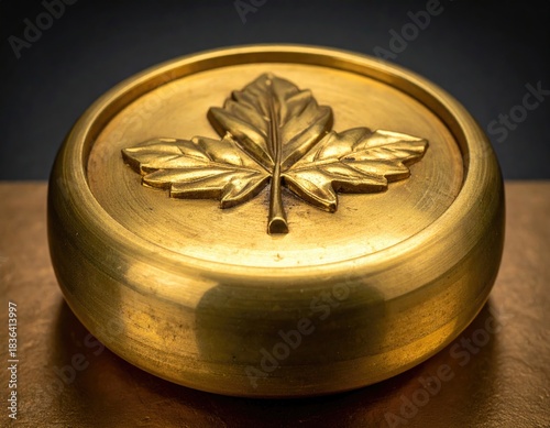 Close-up of a golden coin featuring a detailed maple leaf, on a textured surface