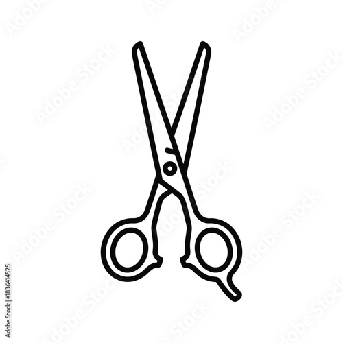 Outline icon of open professional hairdressing scissors for cutting hair on white background.