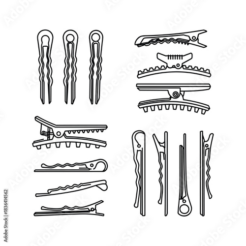 Illustrative outline icons collection of essential hairpins, clips, and styling tools.