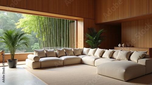 A wood-walled living room: a large beige modular sofa, plants, and bamboo forest views through a wide window.