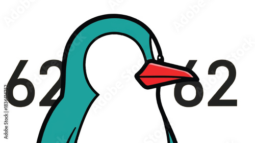 Stylized penguin illustration with numbers 62 on both sides of its head.