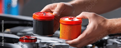A person is holding two different types of oil filters above an engine, showcasing their differences in design and condition.