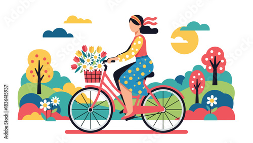 Flat modern portrait of a stylish woman riding a spring bicycle with flower basket while wearing headband and pastel outfit. Ideal for lifestyle, travel, and spring fashion design