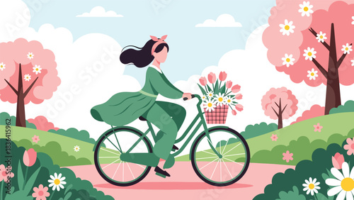 Flat modern portrait of a stylish woman riding a spring bicycle with flower basket while wearing headband and pastel outfit. Ideal for lifestyle, travel, and spring fashion design