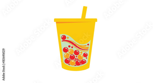 Bright Yellow Bubble Tea Cup with Straw and Fruit Design.