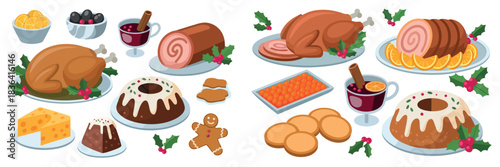 Holiday Feast Vector with Christmas Dinner Food and Mulled Wine