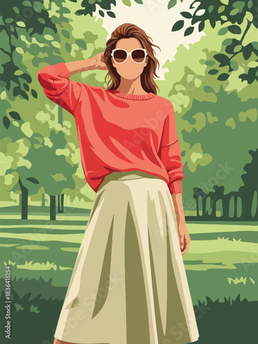 Flat spring portrait of a fashionable woman wearing a lightweight knit sweater and sunglasses, in a fresh park setting. Ideal for spring lifestyle and fashion visuals.