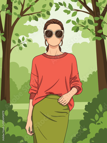 Flat spring portrait of a fashionable woman wearing a lightweight knit sweater and sunglasses, in a fresh park setting. Ideal for spring lifestyle and fashion visuals.
