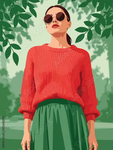 Flat spring portrait of a fashionable woman wearing a lightweight knit sweater and sunglasses, in a fresh park setting. Ideal for spring lifestyle and fashion visuals.