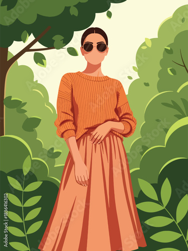 Flat spring portrait of a fashionable woman wearing a lightweight knit sweater and sunglasses, in a fresh park setting. Ideal for spring lifestyle and fashion visuals.