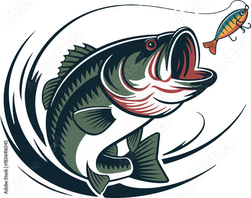 Bass fish jumping out of water with fishing lure, big mouth bass, vector illustration of outdoor sport, isolated design element