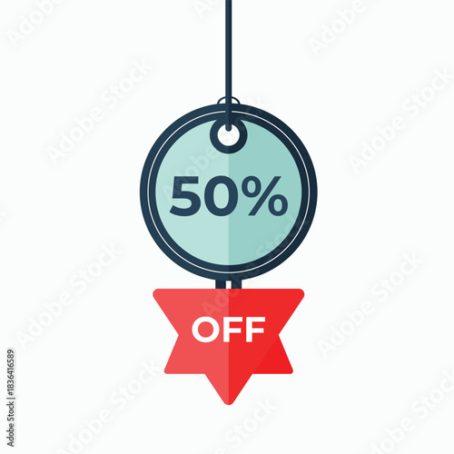 Round tag showing fifty percent discount with a red star shaped off tag