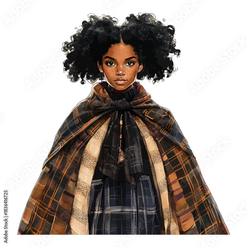 Watercolor Fashion Illustration Young Black Woman in Plaid Cape and Dress Vector Clipart
