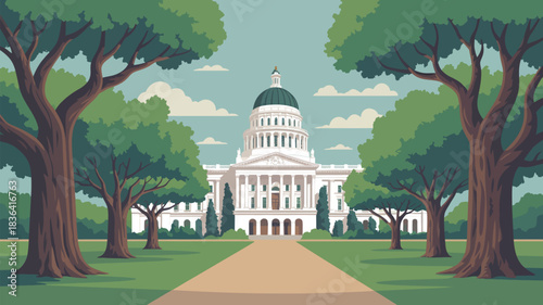 Capitol approach in tallahassee, fl, lined with live oaks and spanish moss, palette of moss green, capitol white, oak brown, and soft gold, creating serene southern landscape vector illustration.