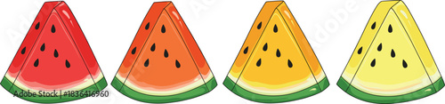 Vector Collection of Four Different Colored Watermelon Slices, Including Red, Orange, and Yellow Varieties, Ideal for Summer, Fruit, and Healthy Food Concepts
