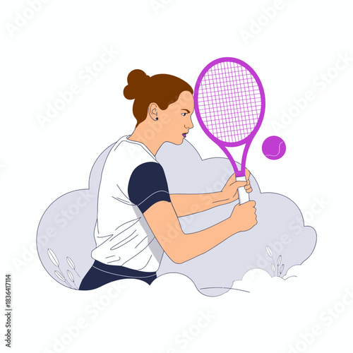 This dynamic image features a female tennis player in action, ready to serve a ball, showcasing determination, strength, and the spirit of competitiveness in sports.