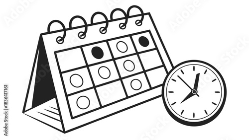 Desk calendar with clock showing time management and planning concept