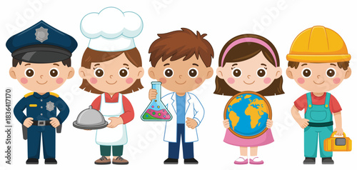 A cheerful group of children dressed as different community helpers - from a police officer to a chef, showcasing diversity and the importance of various professions.