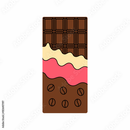 A tempting illustration of a multi-layered chocolate bar, beautifully showcasing different chocolate textures, ideal for indulgence and sweet cravings in a delightful visual format.