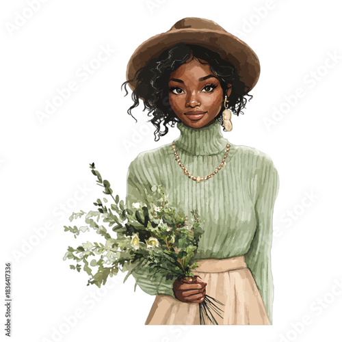 Watercolor Fashion Illustration Young Black Woman with Hat and Herbs Bouquet Vector Clipart
