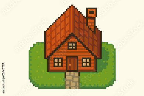 Charming pixel art cabin nestled in nature, perfect for retro game design or adding a touch of nostalgia to your creative projects, inviting warmth and charm