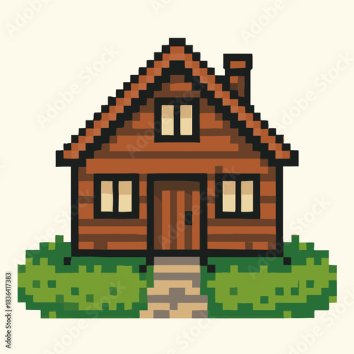 Cozy pixel art cabin nestled in nature, perfect for game development or retro design projects, offering a nostalgic and charming aesthetic.
