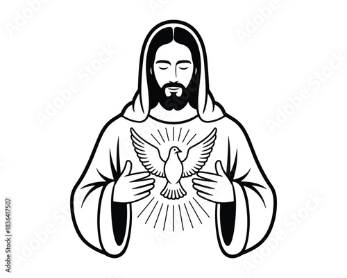 Spiritual man revealing glowing dove of peace